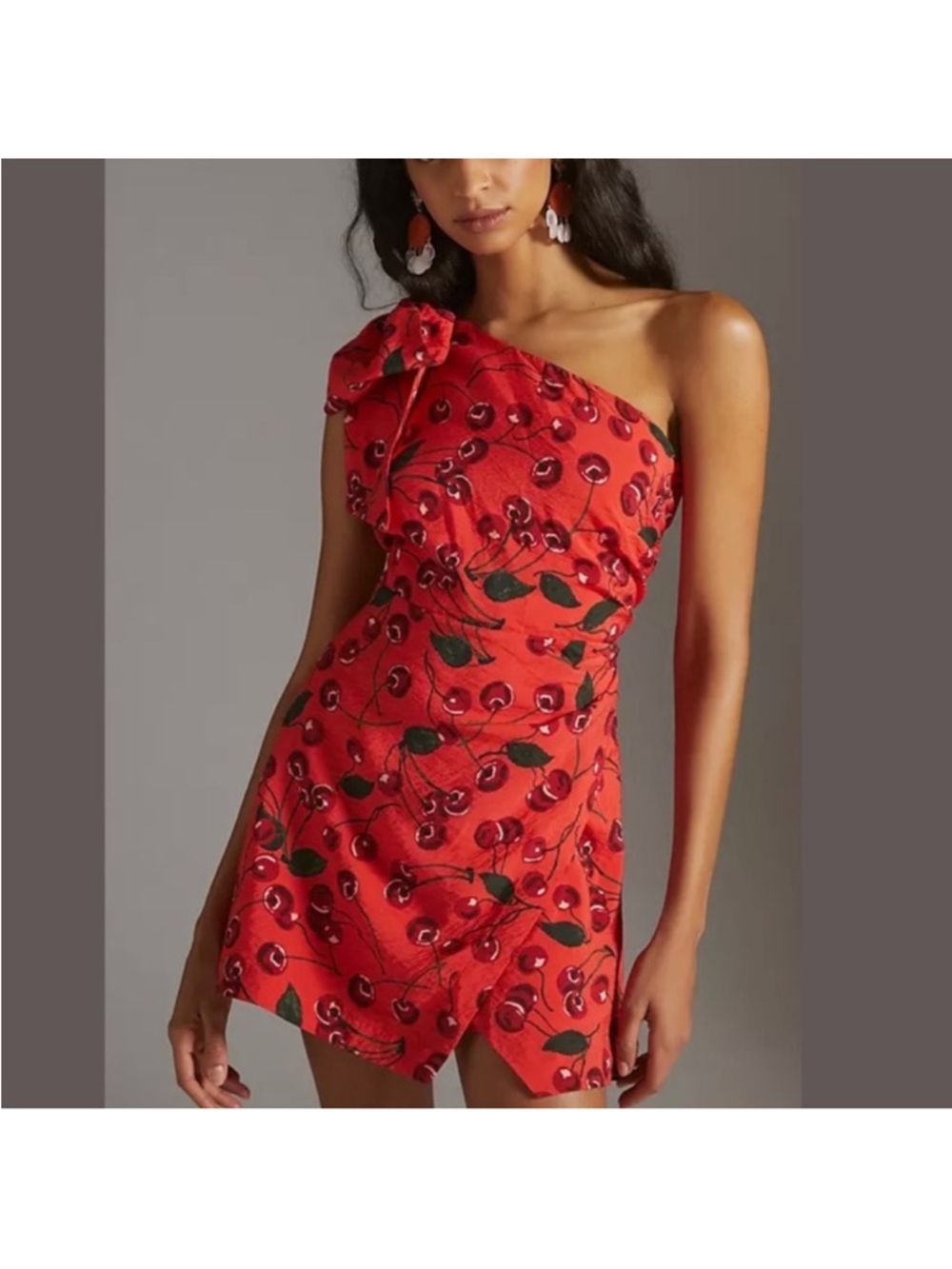 Maeve Red Cherry-Print One-Shoulder Mini Dress